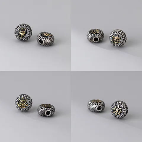 Perles d'Espacement Creuses en Argent Sterling S925 Style Tibétain Rétro Oxydé Huit Symboles Auspicieux Perles en Vrac Pour Création de Bijoux DIY