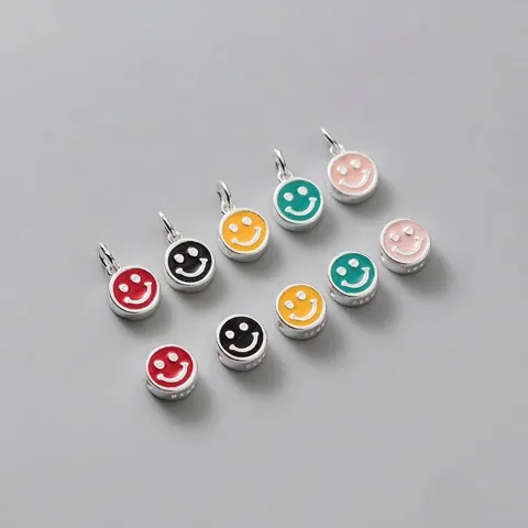 925 Sterling Silver Smiley Face Beads For DIY Bracelet Necklace Colorful Enamel Smile Pendants Spacer Handmade Craft