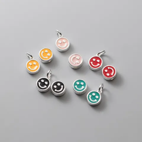 925 Sterling Silver Smiley Face Beads For DIY Bracelet Necklace Colorful Enamel Smile Pendants Spacer Handmade Craft
