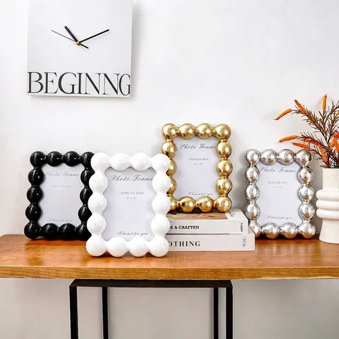 Marco de Fotos de Resina Minimalista Moderno Diseño de Borde de Perlas Grandes 6x8 Pulgadas para Decoración de Escritorio de Hogar