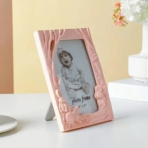 Kreative 3-Hasen Harz Fotorahmen 4x6 Zoll Geprägte Baumtextur Desktop Display Bilderrahmen Rosa Blau Home Dekor Ornament