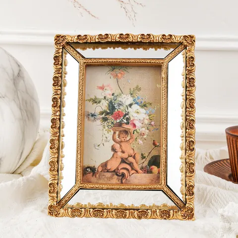 Cadre Photo en Résine Gaufrée Dorée Classique Européen Rétro Baroque Incrustation Miroir Peinture à l Huile Décoration Maison