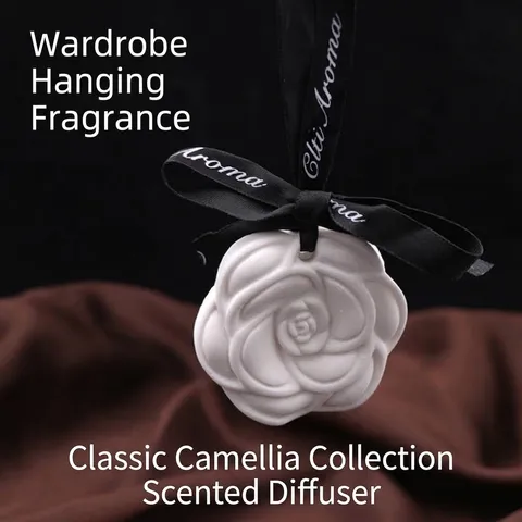 Camellia Flower Plaster Aroma Sachet Persistent Fragrance Hanging Pendant For Wardrobe Closet Car Decorative Scented Stone With Ribbon