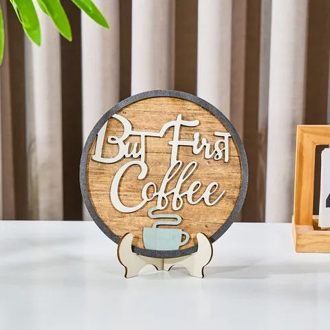 But First Coffee Wooden Round Decorative Sign American Country Style Desktop Ornament With Stand For Home Office Decor