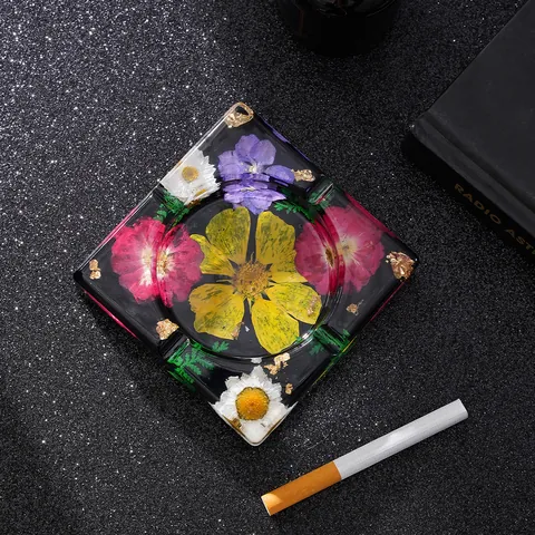 Cenicero de Resina Transparente Hecho a Mano Con Flores Secas Naturales Pan de Oro Cuadrado Para Decoración Hogar Fiesta