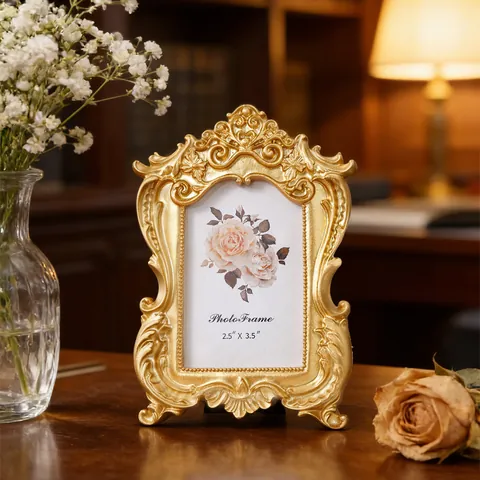 Luxuriöser Goldener Retro Fotorahmen aus Harz Barock Geschnitzter Dekorativer Tischrahmen für Zuhause und Büro Kleiner Eleganter Stil