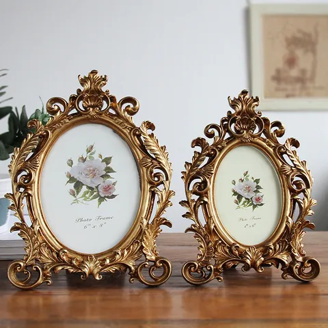 Cadre Photo Ovale en Résine Vintage Européen Effet Vieilli Or Relief Baroque Cadre de Table pour Décoration Maison Bureau