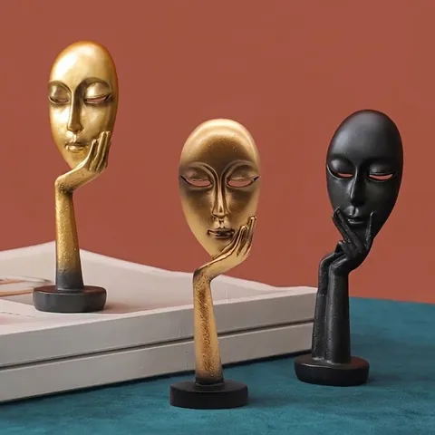 Nordic Abstract Silence Is Golden Resin Statue Creative Face Mask Thinker Sculpture Home Office Desk Art Decoration Ornament