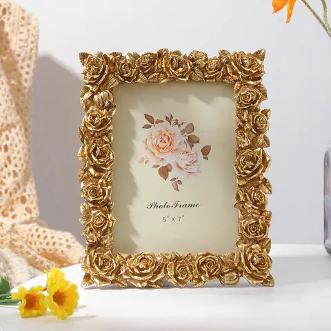 European Retro Resin Photo Frame Rose Flower Embossed Tabletop Picture Frame Vintage Decorative Desktop Art Display Frame