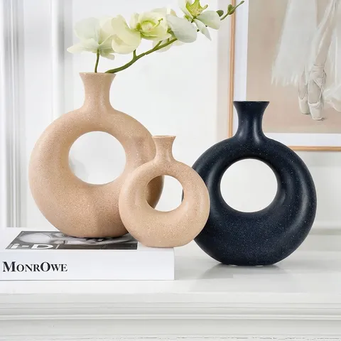 Vase en Résine Forme de Donut Moderne Minimaliste Vase Circulaire Géométrique Creux Moucheté Étoilé Décoratif Maison