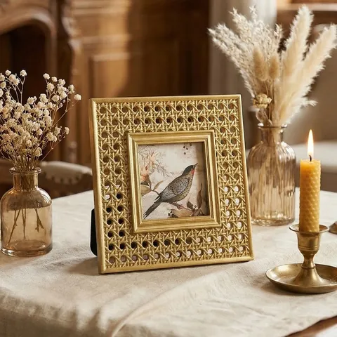 European Retro Gold Resin Photo Frame Engraved Rattan Texture Square Tabletop Picture Frame For Home Office Decoration