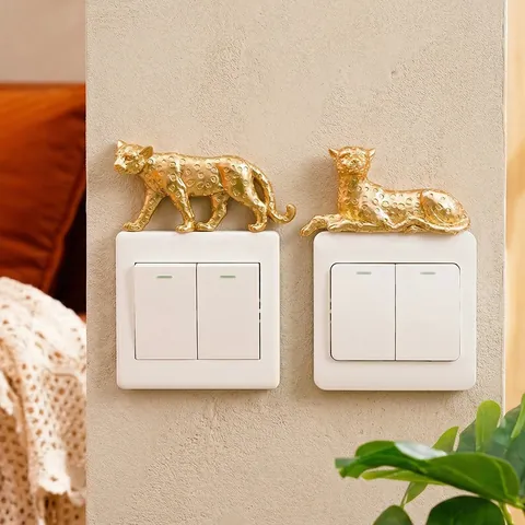 Modern Gold Leopard Switch Sticker Resin 3D Cheetah Animal Wall Decor Relief Wall Sticker Luxury Home Decor Background Wall Accent