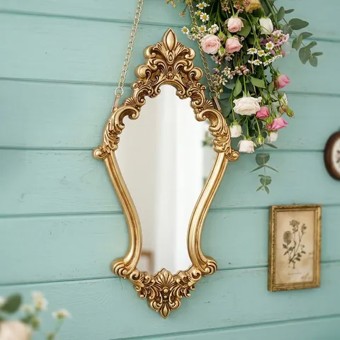 European Vintage Carved Wall Mirror Gold Resin Embossed Baroque Style Hanging Vanity Mirror For Home Decor With Chain