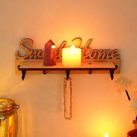 Sweet Home Wooden Wall Mounted Key Holder Rack Minimalist Wood Entryway Organizer With Metal Hooks Decorative Hanging Shelf