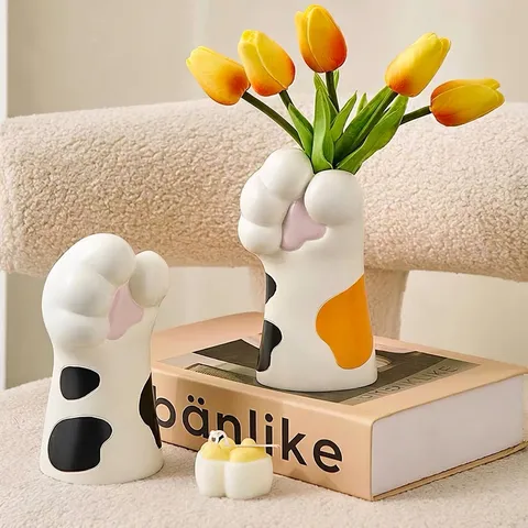Vase en Résine en Forme de Patte de Chat Mignon Décoration de Bureau Créative Pot de Fleur Animal Ornement de Maison Cadeau