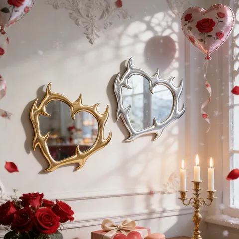 Specchio Decorativo in Resina a Forma di Cuore Stile Europeo Oro Argento Cornice a Fiamma Specchio da Parete Arte Casa