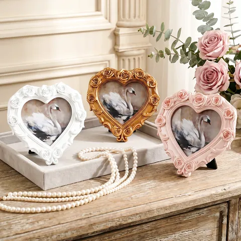 Vintage Europäisch Herzförmig Harz Fotorahmen Mit Rosenblüten Relief Desktop Dekorativer Bilderrahmen Für Zuhause Hochzeit Geschenk