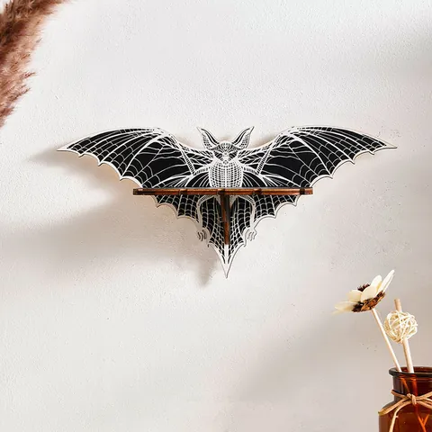 Gothic Bat Shaped Wood Floating Wall Shelf For Halloween Home Decor Spooky Bat Wing Decorative Corner Display Rack For Crystals