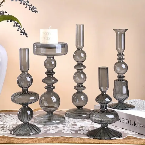 Portacandele in Vetro Blu Grigiastro Vaso Stile ins Lusso Candelabro in Vetro Geometrico Per Soggiorno Tavolo da Pranzo Decorazioni Casa Moderno Vaso in Vetro