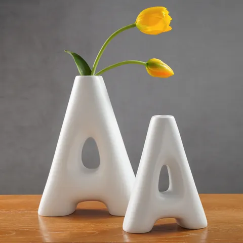 Creative Modern Minimalist Letter A Shaped Resin Vase Geometric Hollow Matte Black White Vase For Desktop Dried Flower Home Office Decor