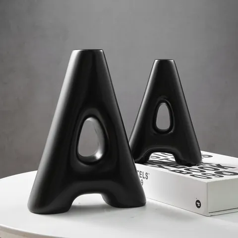 Creative Modern Minimalist Letter A Shaped Resin Vase Geometric Hollow Matte Black White Vase For Desktop Dried Flower Home Office Decor
