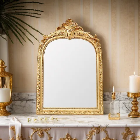 Vintage Barock Blattgoldvergoldung Harz Spiegelrahmen Klassischer Relief Geschnitzter Bogen Bilderrahmen Haushalt Desktop Ornament Foto Requisiten