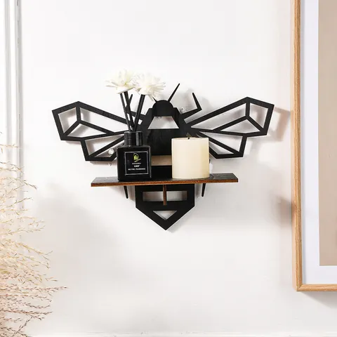 Geometric Bee Floating Shelf Wooden Wall Hanging Decor Modern Minimalist Animal Shape Storage Rack For Living Room Office Home Art Craft Ornament