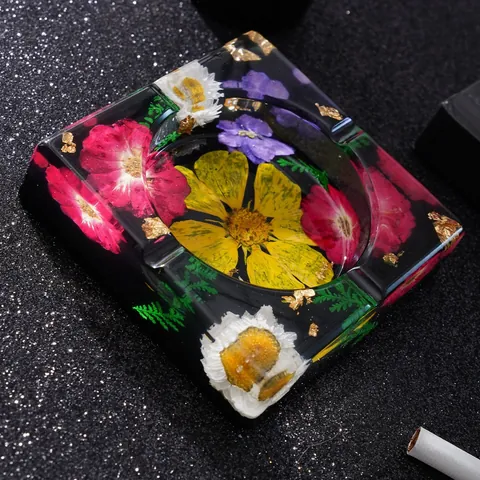 Cenicero de Resina Transparente Hecho a Mano Con Flores Secas Naturales Pan de Oro Cuadrado Para Decoración Hogar Fiesta