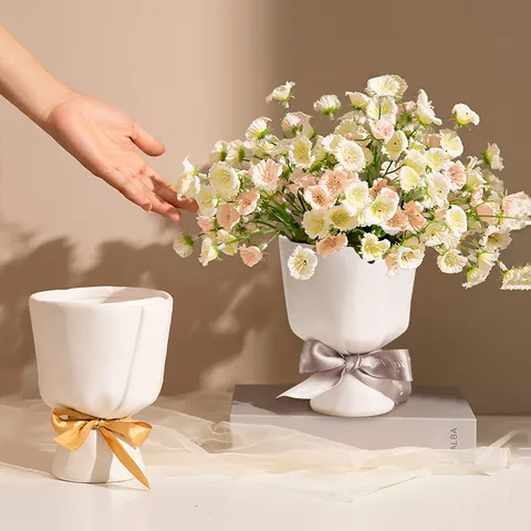 Jarrón de Resina de Ramo Nórdico Maceta Blanca Mate Con Cinta de Seda Para Mesa de Boda Decoración del Hogar Escritorio