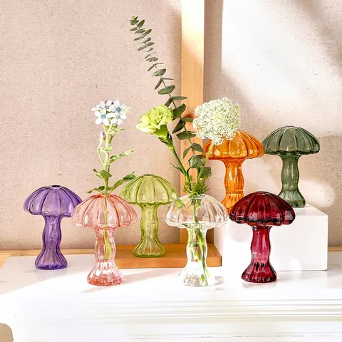 Florero de Vidrio Hidropónico de Seta Estilo Nórdico Moderno Textura Nervada Florero de Vidrio de Color Transparente Adorno de Escritorio Creativo para Hogar