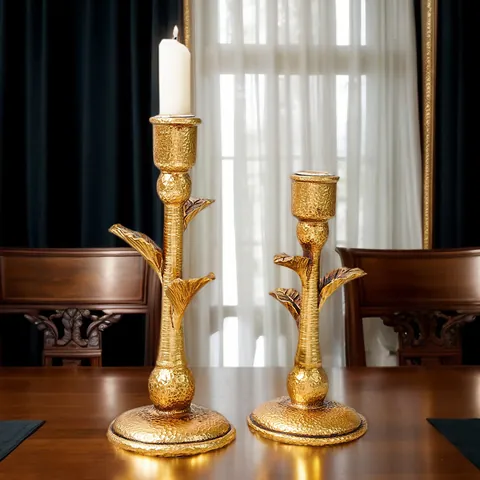 Vintage Resin Coconut Tree Candlestick Holder Hammered Gold Finish Tropical Palm Leaf Candle Stand For Home Wedding Decor