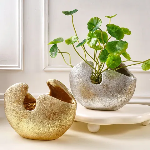 Modern Minimalist Semicircular Resin Vase Stone Texture Frosted Flower Pot Gold Silver Foil Home Office Desktop Ornament