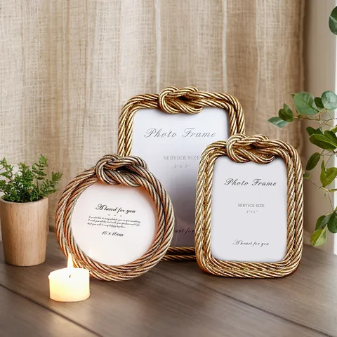 Vintage Gold Resin Rope Knot Photo Frame Creative Tabletop Picture Display Frame European Style Home Decor Desktop Ornament