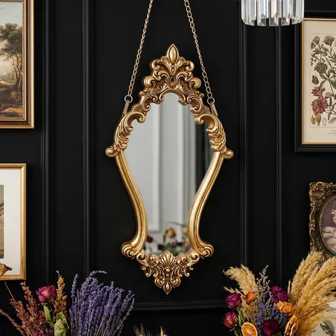 European Vintage Carved Wall Mirror Gold Resin Embossed Baroque Style Hanging Vanity Mirror For Home Decor With Chain