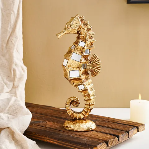 Modern Luxury Gold Resin Seahorse Statue Animal Figurine With Mirror Inlay Hammered Texture Home Decor Desktop Ornament Sculpture