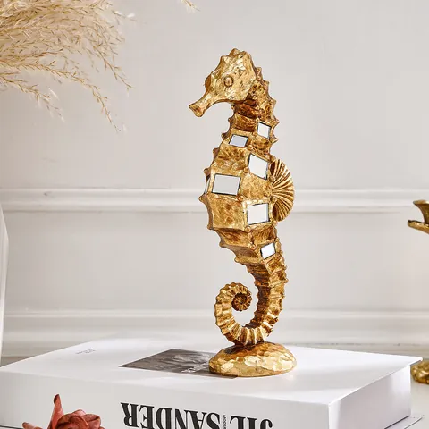 Modern Luxury Gold Resin Seahorse Statue Animal Figurine With Mirror Inlay Hammered Texture Home Decor Desktop Ornament Sculpture