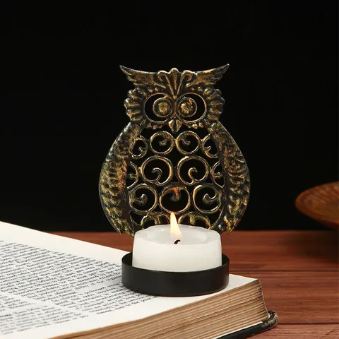 Chandelier Hibou en Fer Creux de Style Européen Rétro Porte-bougie Vintage en Métal Or Noir pour Décoration de Table Maison