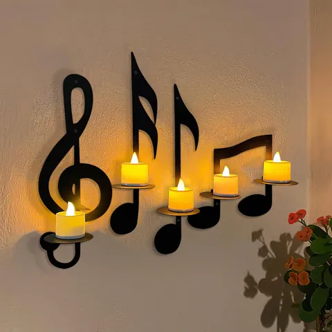 Black Iron Musical Note Wall Mounted Candle Holder Set Metal Musical Symbols Candlestick For Home Restaurant Art Decor