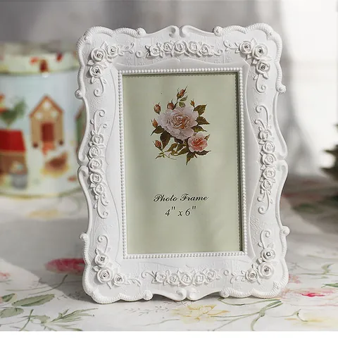 Cadre Photo Moderne Simple en Relief avec Rose Blanche Incrustation de Strass Résine ABS Verre Cadre de Bureau pour Décoration de Mariage Maison