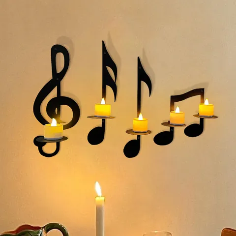 Black Iron Musical Note Wall Mounted Candle Holder Set Metal Musical Symbols Candlestick For Home Restaurant Art Decor