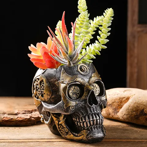 Steampunk Totenkopf Harz Blumentopf Vintage Industrie Sukkulenten Pflanzgefäß Mit Mechanischem Zahnrad Dekor Desktop Ornament