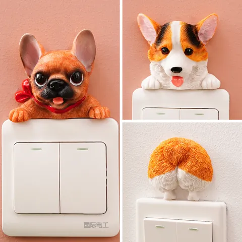 3D Resin Dog Puppy Switch Sticker Creative Home Wall Decor Cute Corgi French Bulldog Pug Puppy Wall Decal For Light Switch Decor