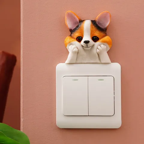3D Resin Dog Puppy Switch Sticker Creative Home Wall Decor Cute Corgi French Bulldog Pug Puppy Wall Decal For Light Switch Decor