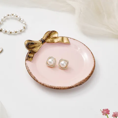 Bandeja para Joyas con Lazo Rosa de Lujo Francés Plato de Resina con Borde Dorado para Guardar Anillos y Pendientes