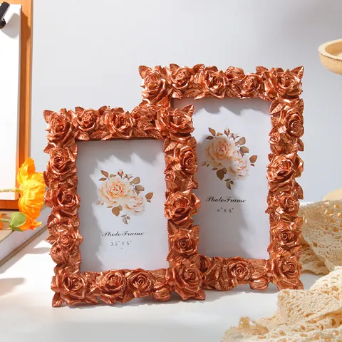 European Vintage Rose Carved Resin Photo Frame Bronze 3D Floral Tabletop Picture Frame For Home Decor Wedding Gift