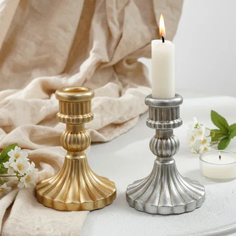 Candelabro de Columna Romana Vintage Francés Resina Envejecido Oro Plata Portavelas Decoración de Mesa Hogar