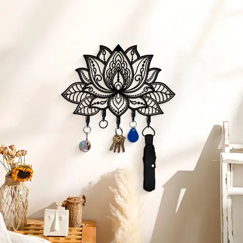 Lotus-Förmiger Eisenkunst-Schlüsselhaken Wanddekoration Mandala-Muster Schwarzer Metall-Wandhaken Mit 5 Haken Für Den Hauseingang