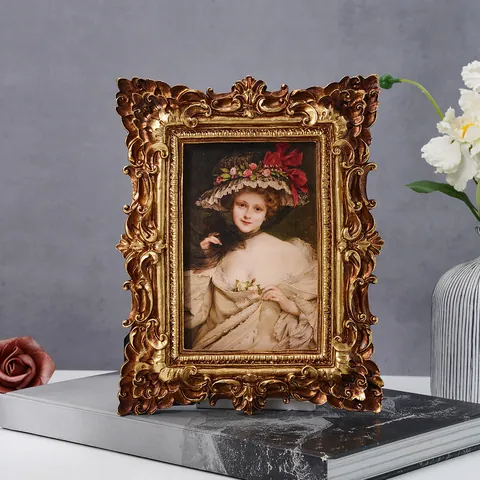 Marco de Fotos de Resina Dorada Estilo Barroco Relieve Vintage Real Marco de Fotos para Escritorio con Retrato Clásico