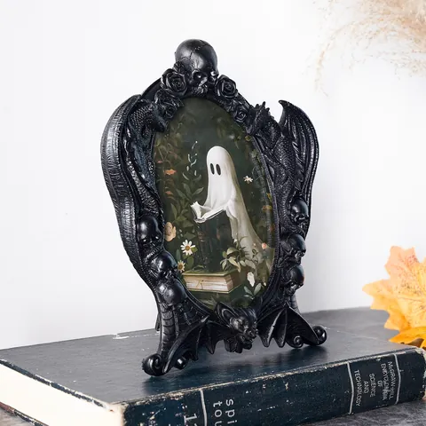 Vintage Gothic Dunkel Drache Totenkopf Fotorahmen Schwarz Harz Fledermaus Rose Geprägte Bilderrahmen Halloween Deko