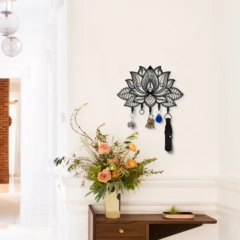 Lotus-Förmiger Eisenkunst-Schlüsselhaken Wanddekoration Mandala-Muster Schwarzer Metall-Wandhaken Mit 5 Haken Für Den Hauseingang